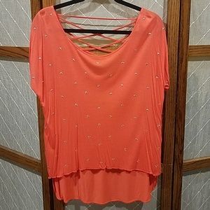 E (Hanger) M Women's Size Large Shirt Blouse Coral Stars Open Back Blouse
